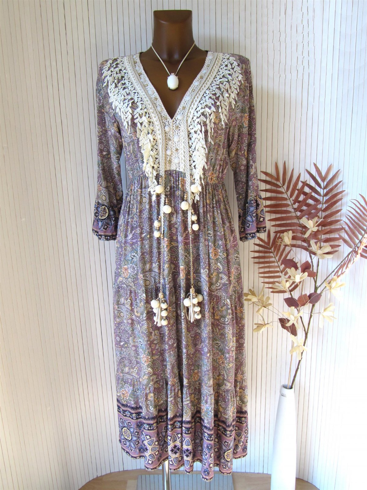 Traum langes Ibiza Hippie Boho Maxikleid Kleid Blumen Bommeln 36 38 4